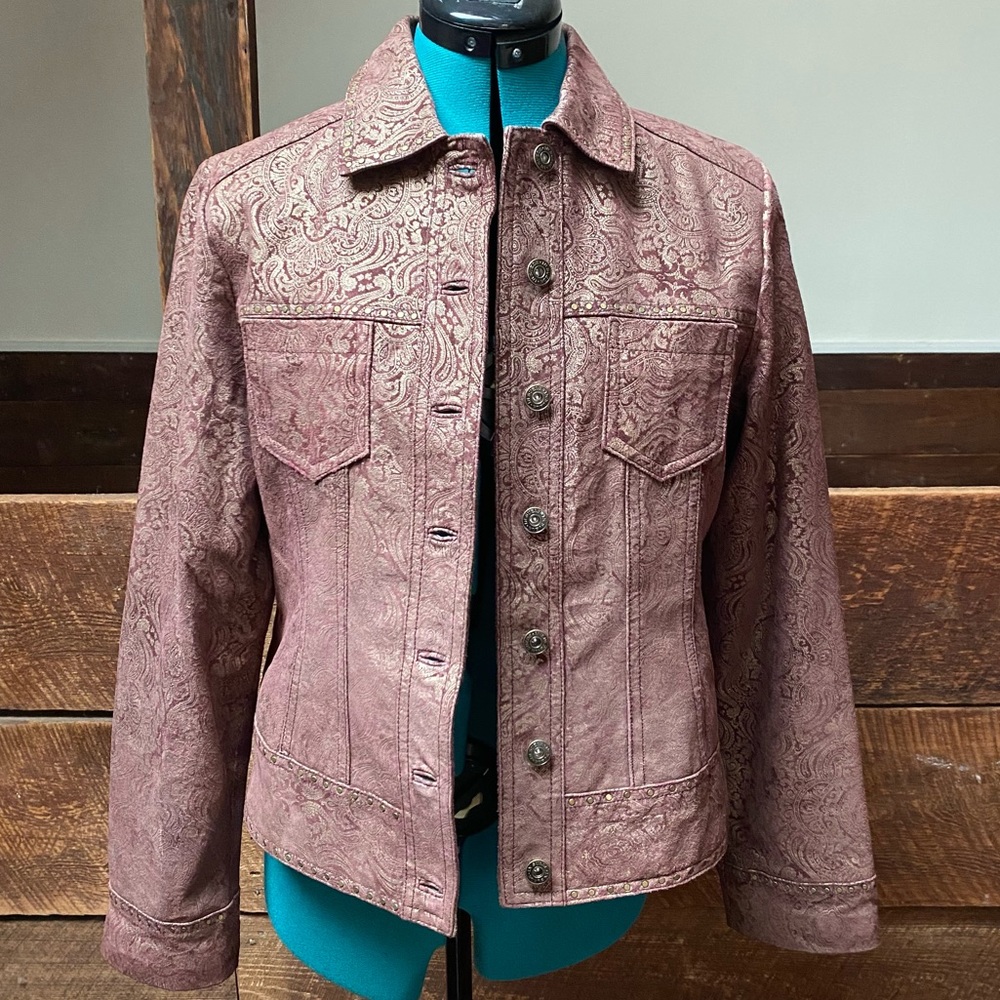 In Suede Vintage Gold Paisley Leather Jacket w/ Brass Studs - Western Whimsigoth
